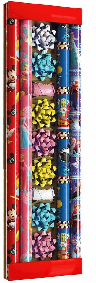 Disney Cadeaupapier Set Kinder – Cars, Mickey Mouse, Prinsessen & Frozen – 4 Rollen Cadeaupapier met Strikken en Lint – Complete Inpakset (EAN: 8710675076836): Eerste indruk kleuren, kwaliteit & gemak