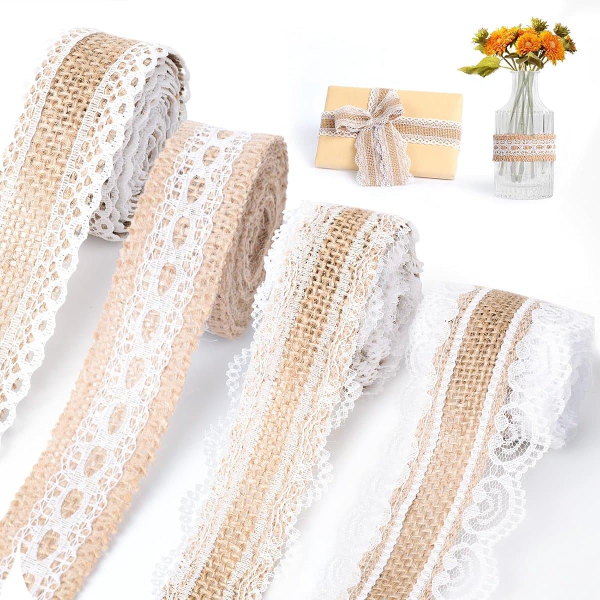 Sander Shop 4 rollen jute lint met kant 2 m, jute lint stof decoratie, vintage ambachtelijke lint voor doe-het-zelf handwerk bruiloft party cadeaulinten (EAN: 6470405918226)