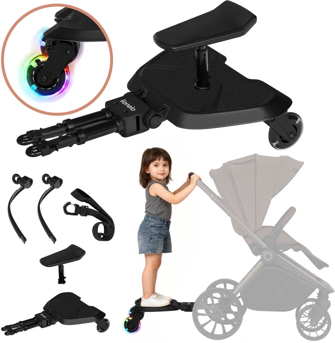 Lionelo Buggy Board Meerijdplankje - Kinderwagen-opstapje - Zit- en Sta-optie - Universeel - LED-wielen - Verstelbaar Zitje - Antislip Platform - Tot 25 kg - 2-5 jaar - Eenvoudige Montage (EAN: 5903771725262): Waarom ik er meteen van hield